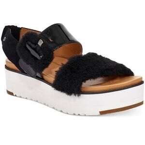 UGG Shoes Sandal NWT Wedge Platform Leather Fluff Black Comfort Womens 9.5